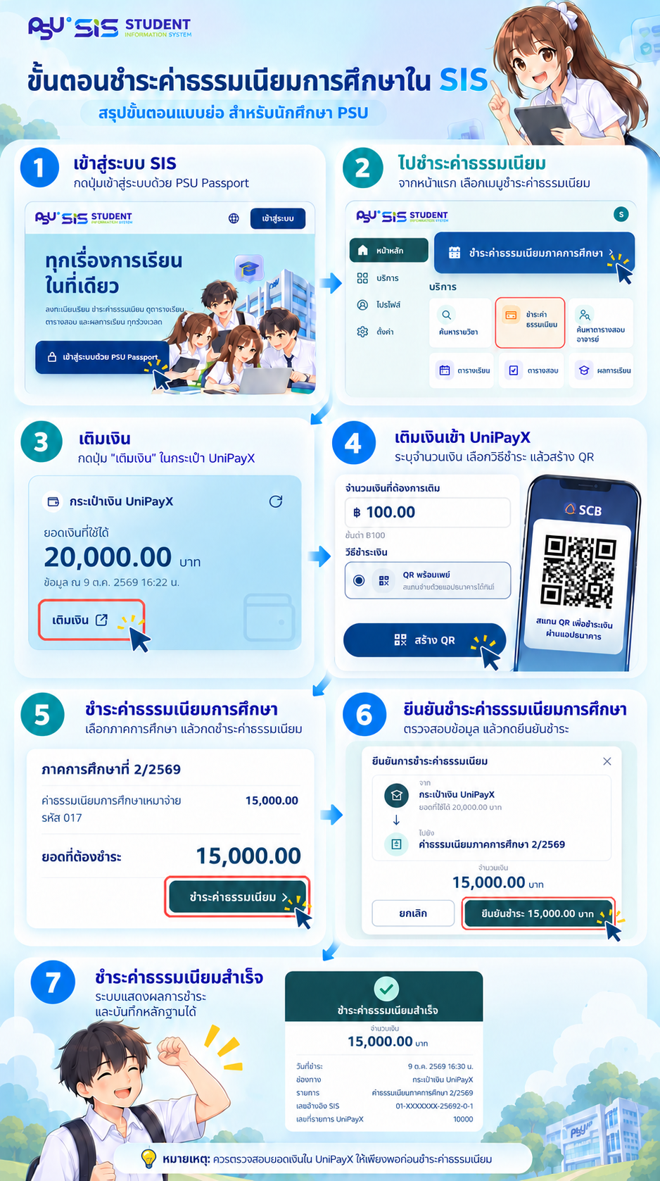 ขั้นตอนชำระค่าธรรมเนียมภาคการศึกษาใน SIS ตั้งแต่เข้าสู่ระบบ เติมเงินเข้ากระเป๋าเงิน UniPayX จนชำระค่าธรรมเนียมสำเร็จ